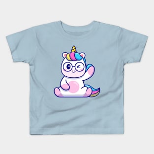 Cute Unicorn Waving Hand And Wearing Glasses Cartoon Kids T-Shirt